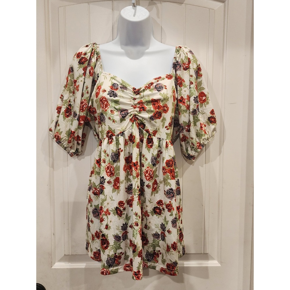 Womens Floral Puff Sleeve Babydoll Top Red Cream Smocked Back Size Large